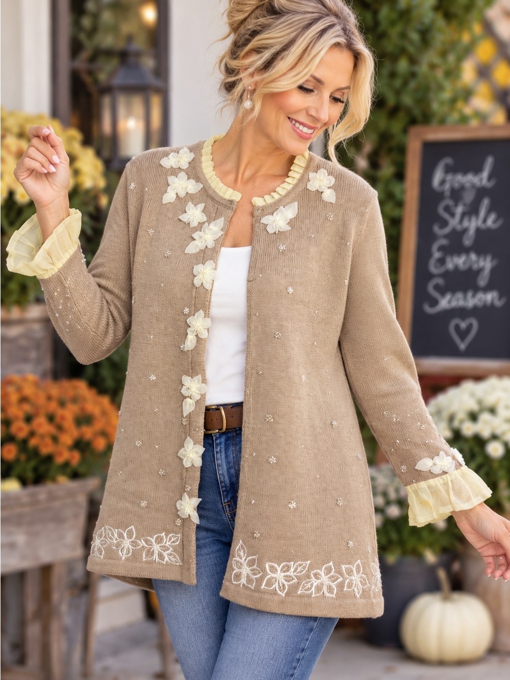 Storybook Knits Cardigan Sweater Size S Ivory Floral Appliqué